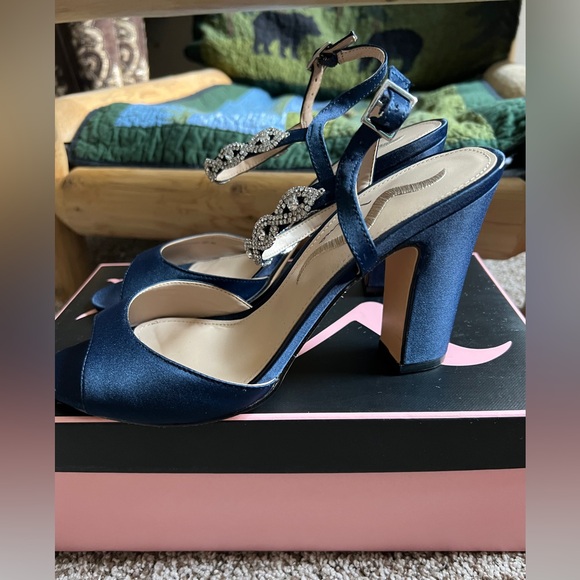 Nina New Navy Luster Heels with Rhinestone Strap - Picture 2 of 5